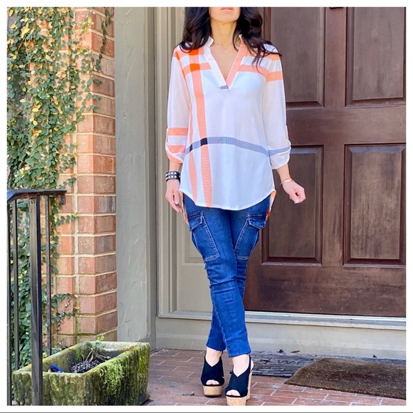 Beige inspired plaid rolled sleeves tunic top - Picture 11 of 16